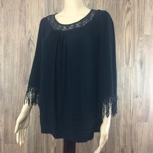 Melissa Paige Black Fringe/Lace Scoop Neck Blouse